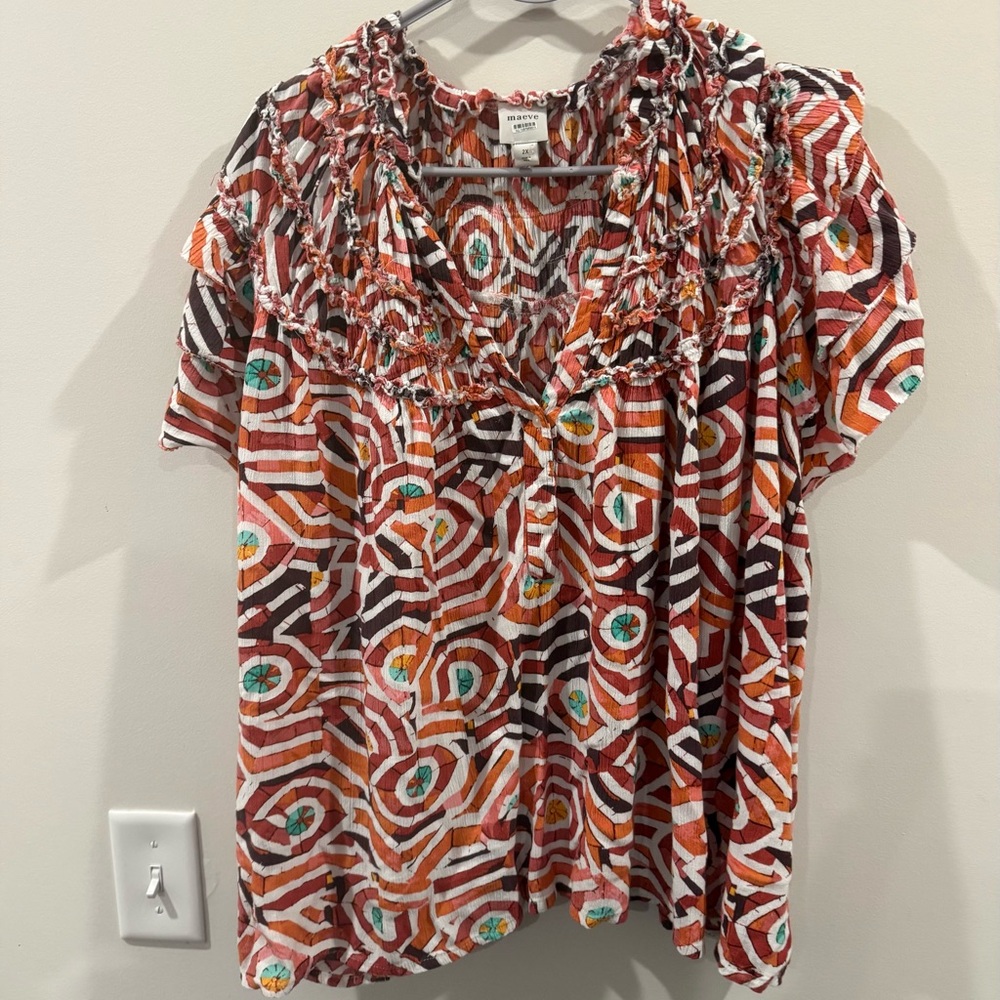 Anthropologie  Maeve Orange Multi Geometric Smocked Yoke Blouse